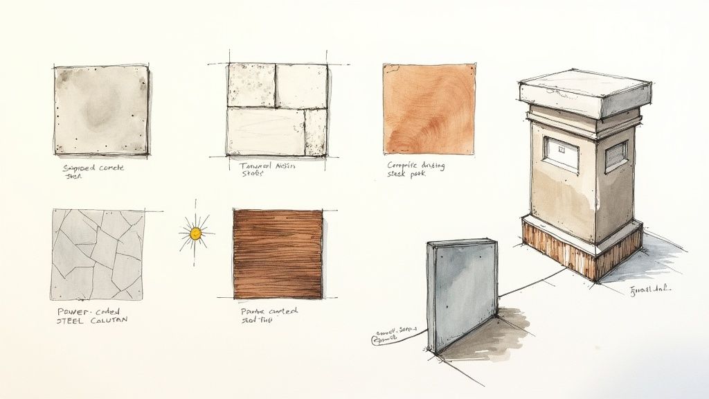 Architectural material samples showing concrete, wood, and metal finishes for outdoor patio construction design