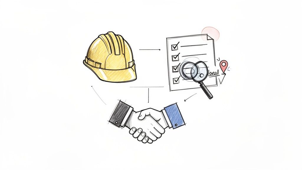 Diagram showing a hard hat, a checklist with a magnifying glass, and a handshake, representing construction planning and agreement.