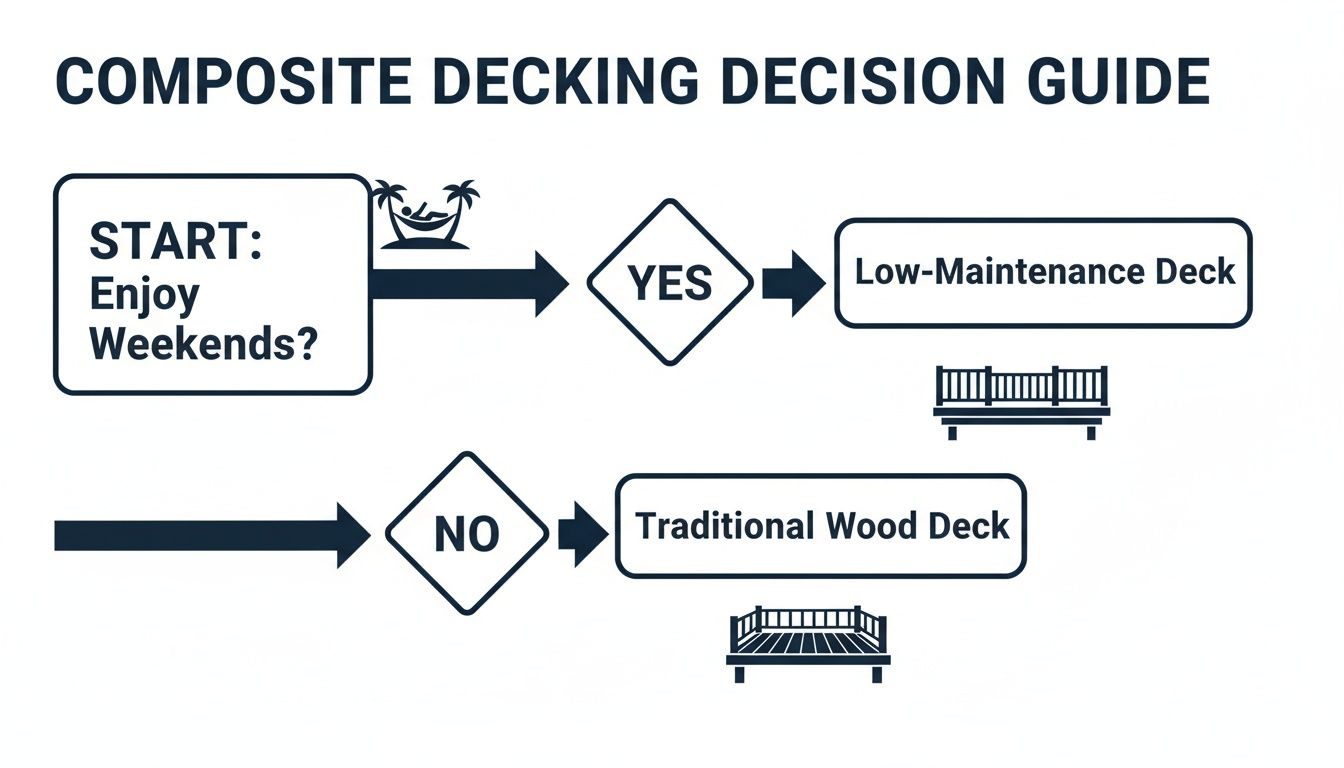 A Composite Decking Decision Guide flowchart asking if you enjoy weekends to choose a deck.