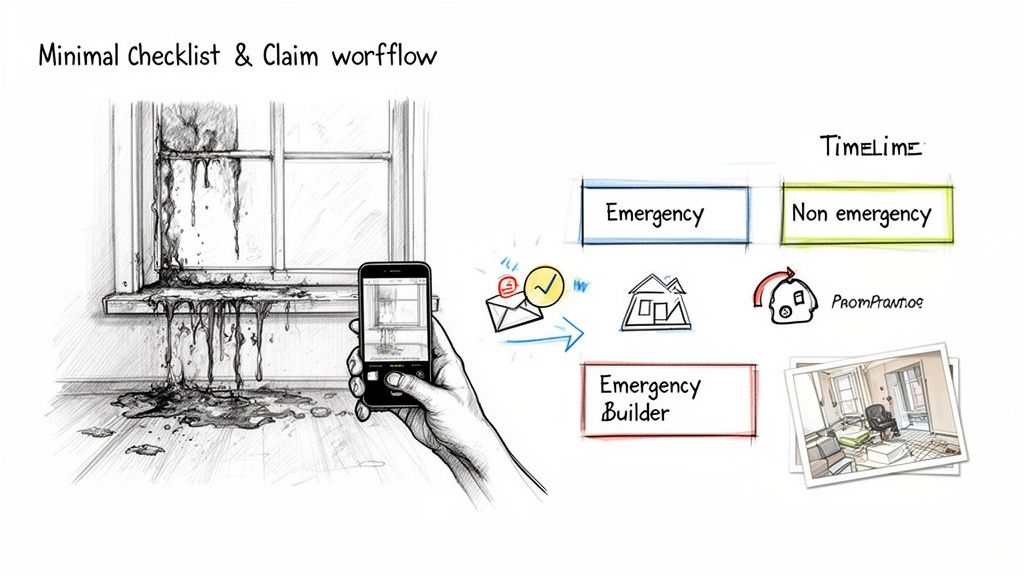A hand photographs a water-damaged window, illustrating a minimal claim workflow for emergency and non-emergency home repairs.