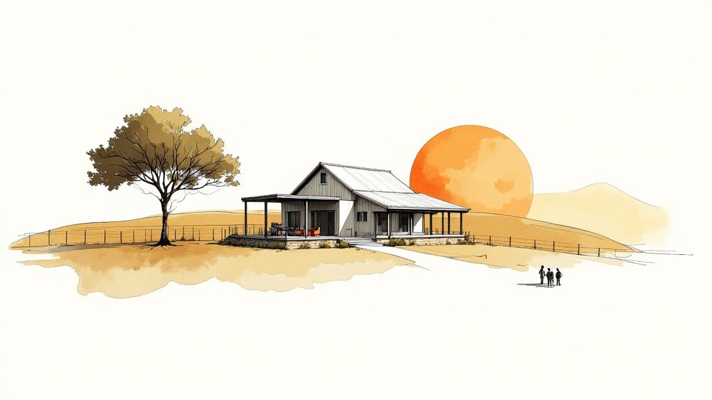 A serene watercolor illustration of a modern custom home with a porch, a tree, and a large orange sun in a rural landscape.