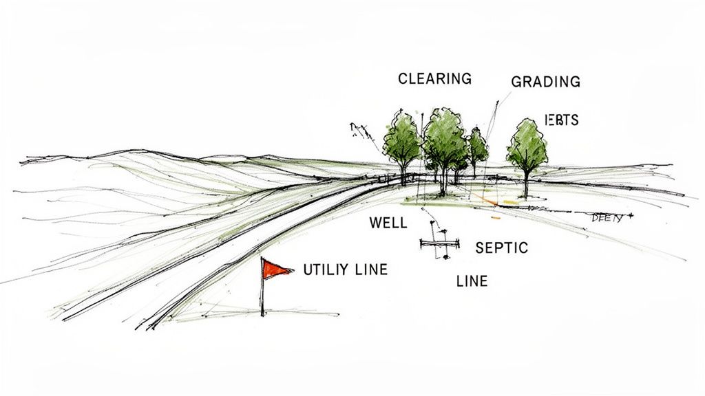 Hand-drawn landscape sketch of a site plan showing clearing, grading, utilities, well, and septic lines.