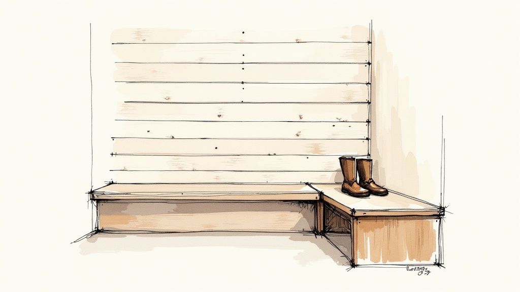 Corner bench seating with horizontal wooden slat wall and storage cubbies in mudroom design