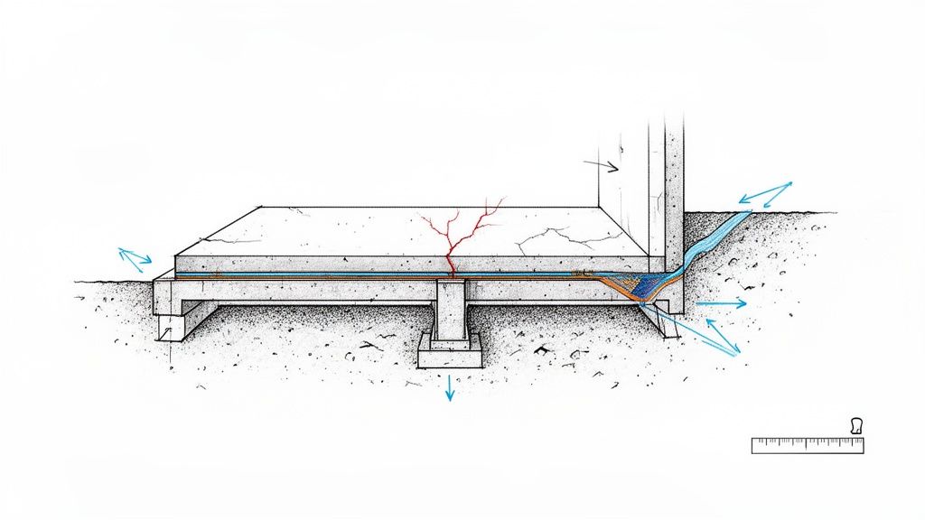Cross-section illustration of a building foundation showing water infiltration, cracks, and a drainage system.