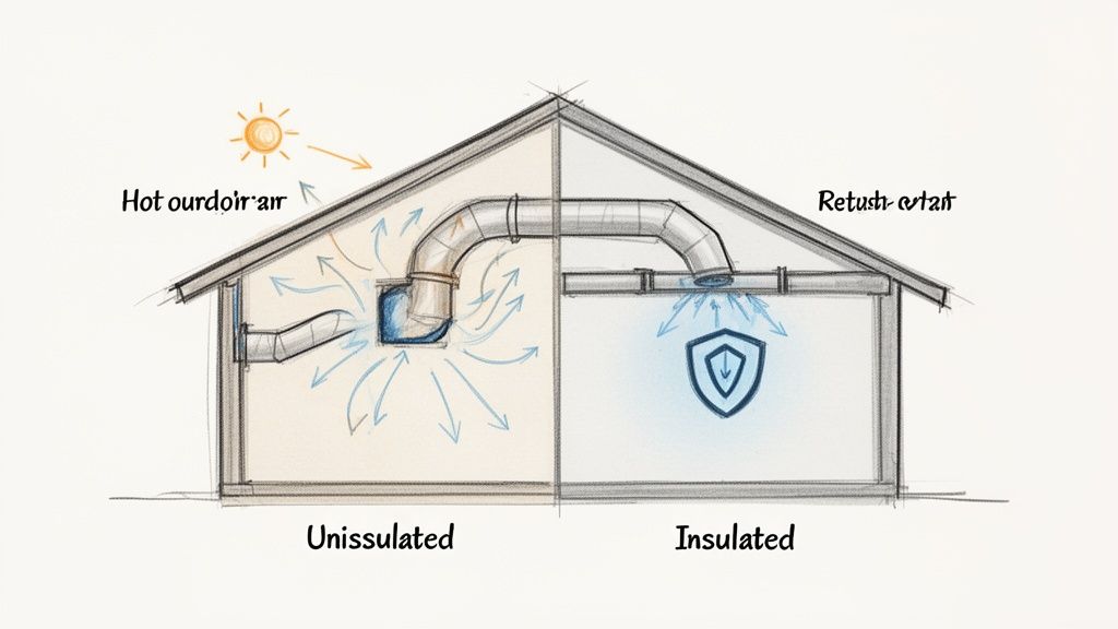 Diagram showing the difference between uninsulated and insulated HVAC ducts in a house's attic.