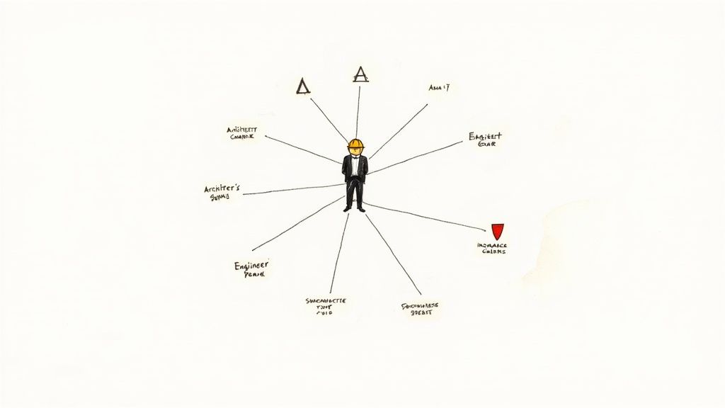 A cartoon construction manager with a hard hat surrounded by project roles like architects and engineers.