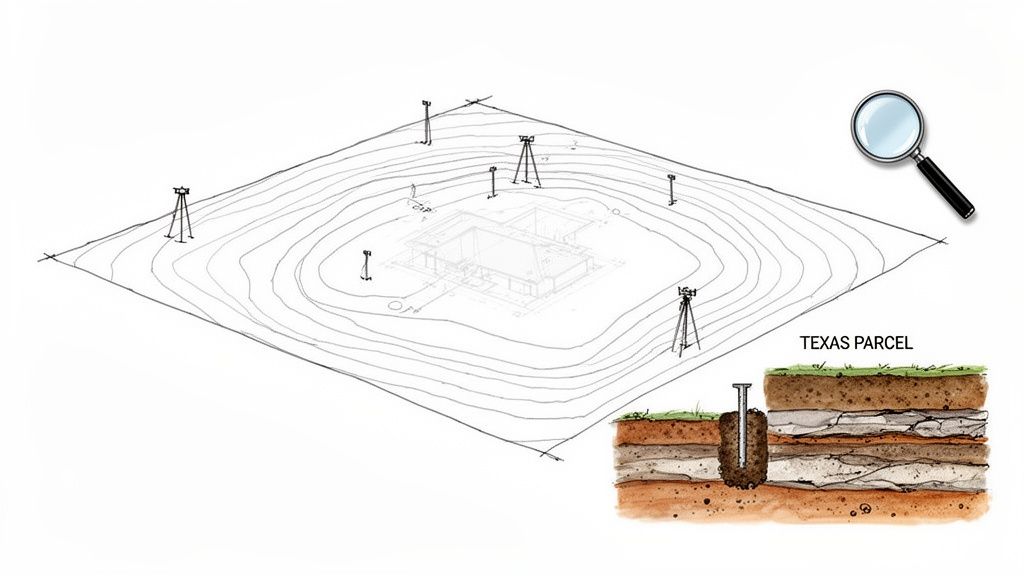 Illustration depicting a land survey with contour lines, a house blueprint, surveying equipment, and a Texas soil cross-section.