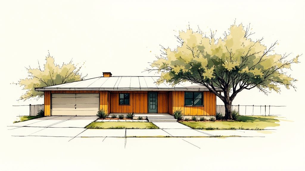 A watercolor sketch of a single-story home with an orange facade, white roof, and two trees.