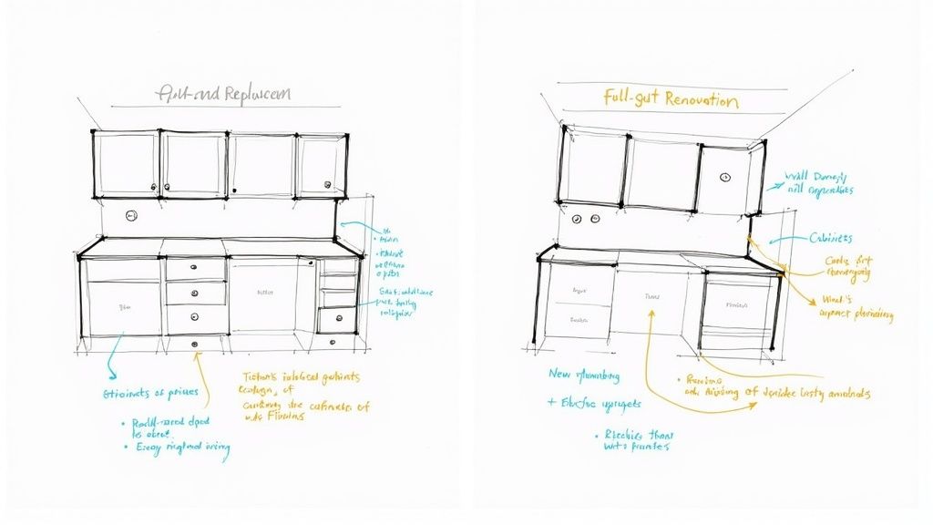 A newly remodeled modern kitchen with an open layout and large island.