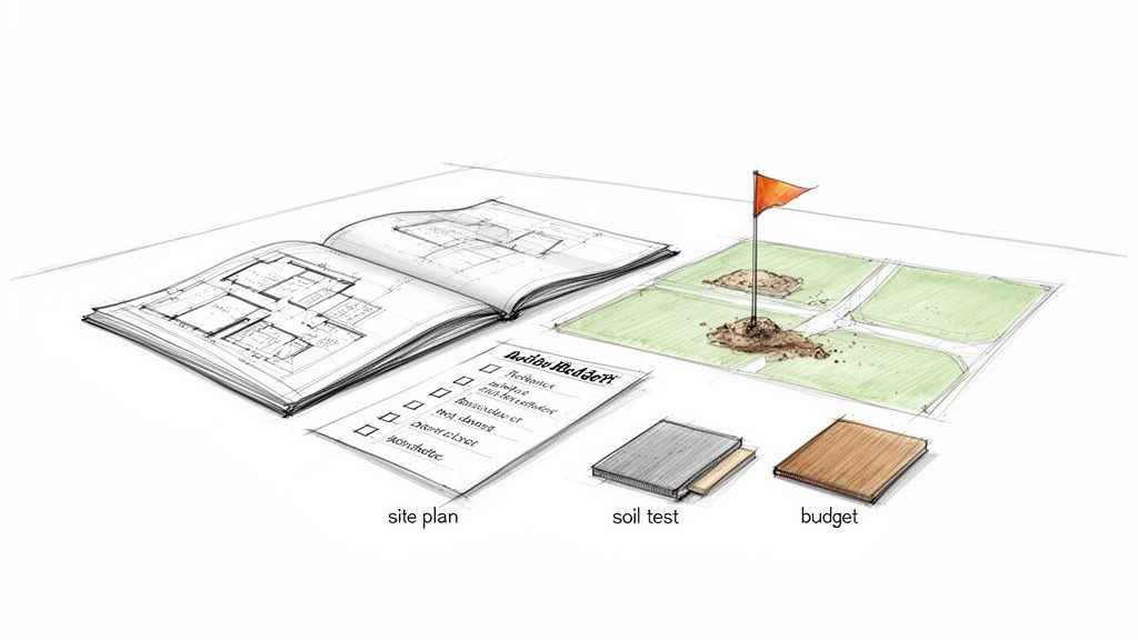An illustration showing various steps and considerations for building a house, including blueprints, site plan, soil test, and budget.