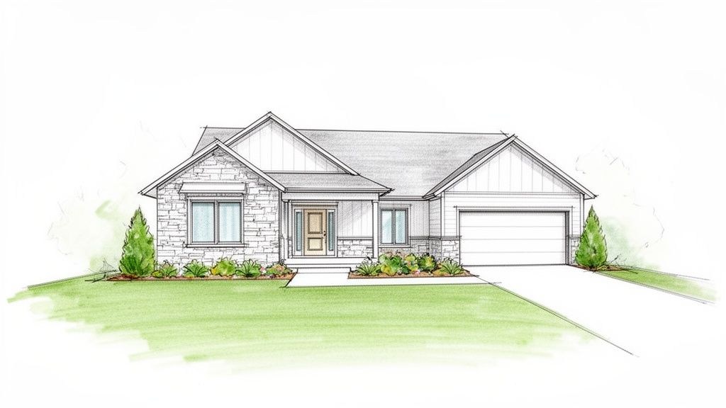 Architectural rendering of a modern single-story house with stone and siding, a front porch, and an attached garage.