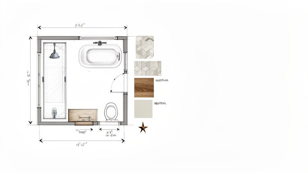 A detailed bathroom floor plan showing shower, bathtub, toilet, vanity, and material palette swatches.