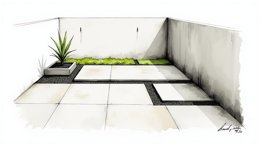 A modern patio design featuring light pavers, dark gravel, a plant in a planter, and green grass patches.