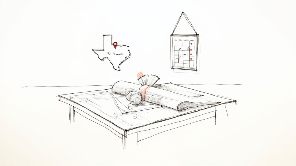 A sketch showing a map of Texas with a 3-6 month timeline, a calendar, and a rolled-up plan on a table.