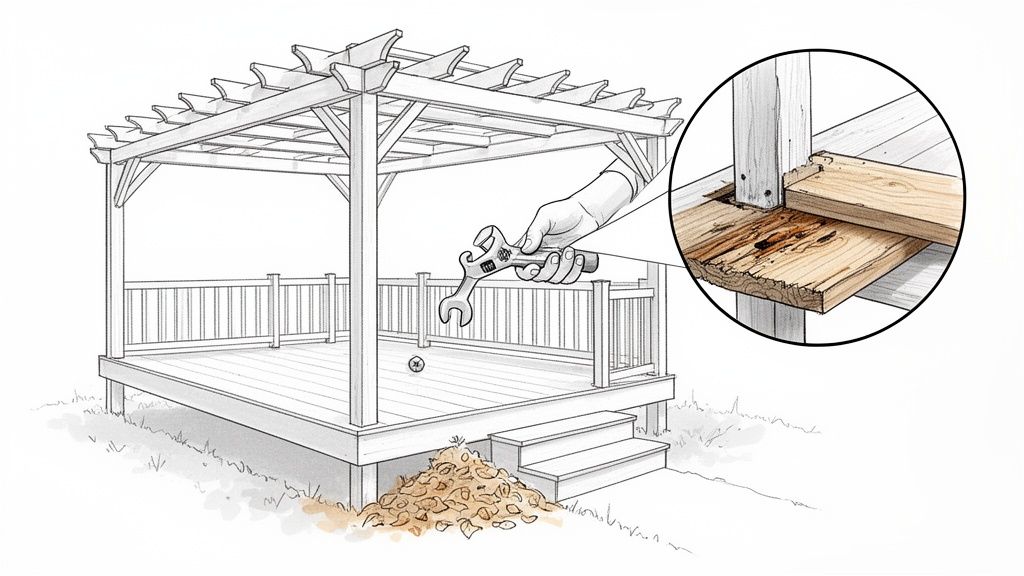 A drawing of a pergola deck undergoing maintenance, with a hand holding a wrench and a close-up of rotting wood.