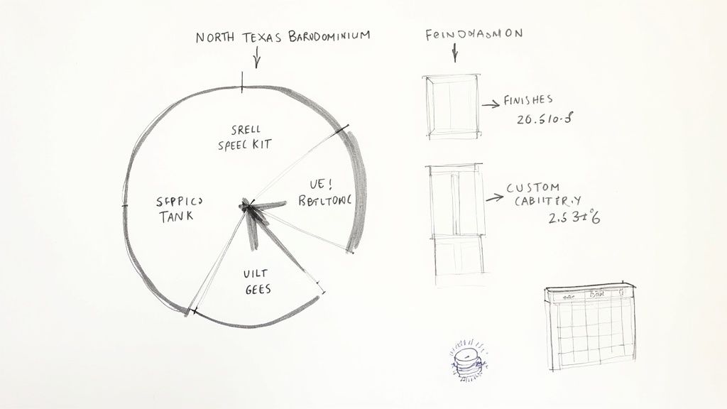 Hand-drawn project plan for a North Texas barndominium, showing a pie chart breakdown and custom cabinetry details.
