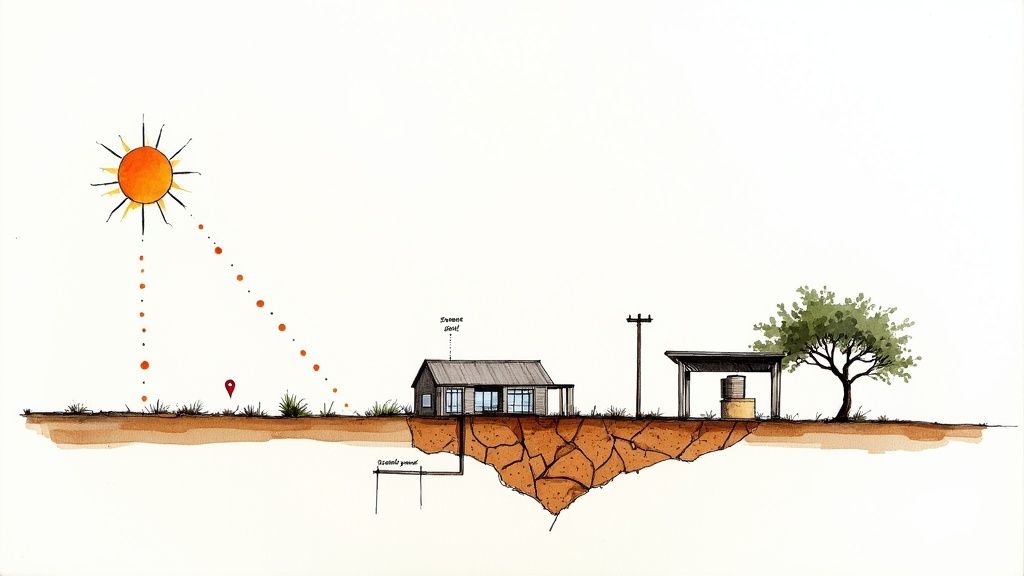 Watercolor illustration depicting a house with underground water storage in a dry, cracked landscape under a hot sun.
