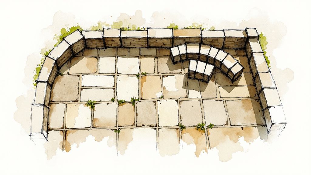 Aerial watercolor sketch of curved wooden raised garden bed bordering stone patio