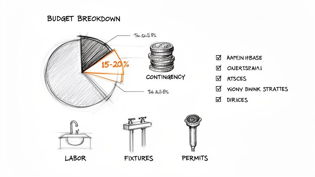 A hand-drawn budget breakdown chart with percentages, contingency, labor, fixtures, and permits.