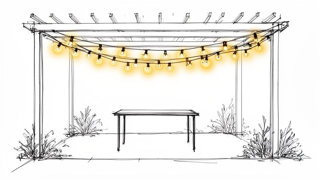 A hand-drawn sketch of an outdoor pergola adorned with warm, glowing string lights, featuring a table below.