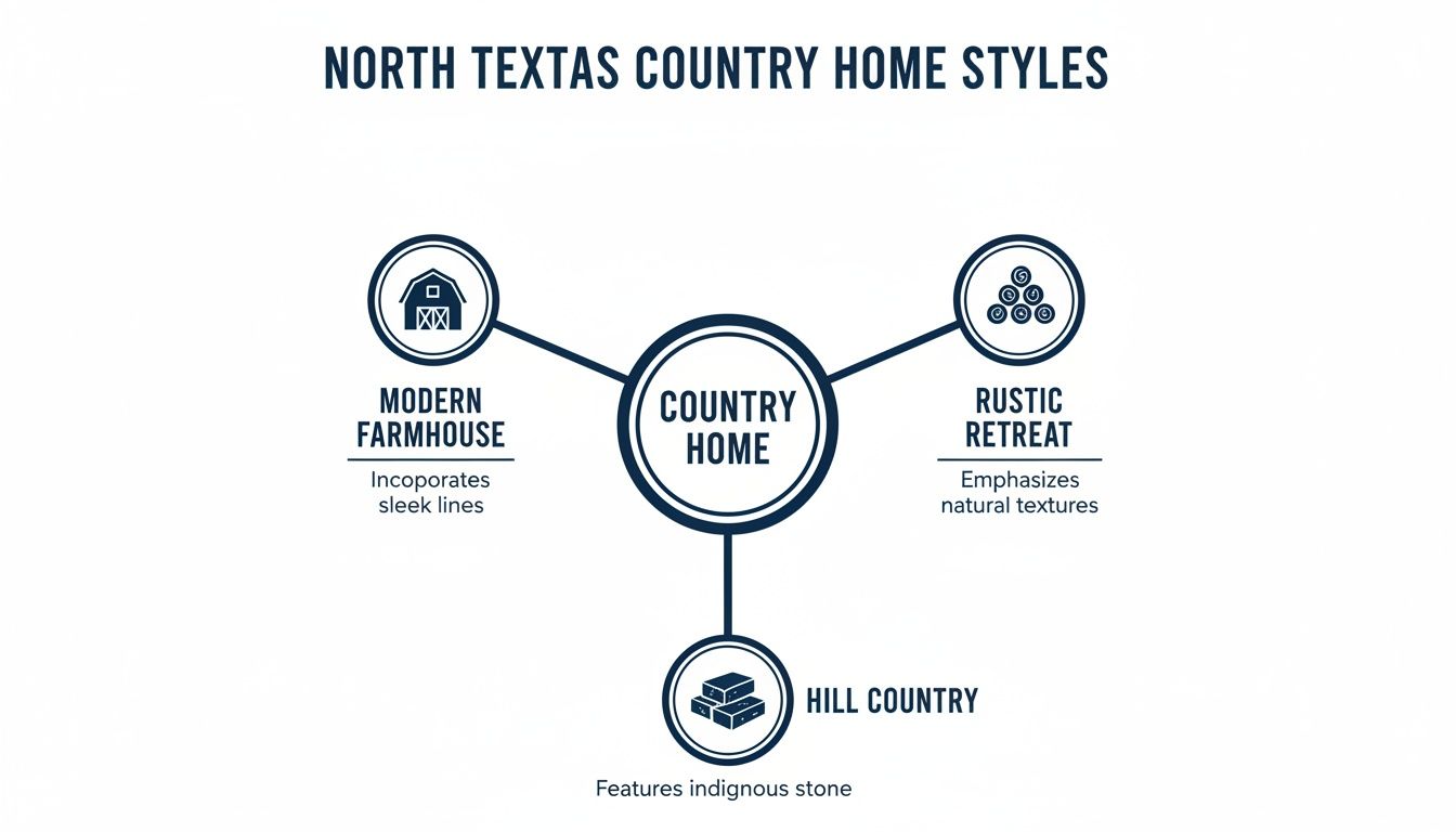 Diagram showing North Texas Country Home Styles: Modern Farmhouse, Rustic Retreat, and Hill Country.