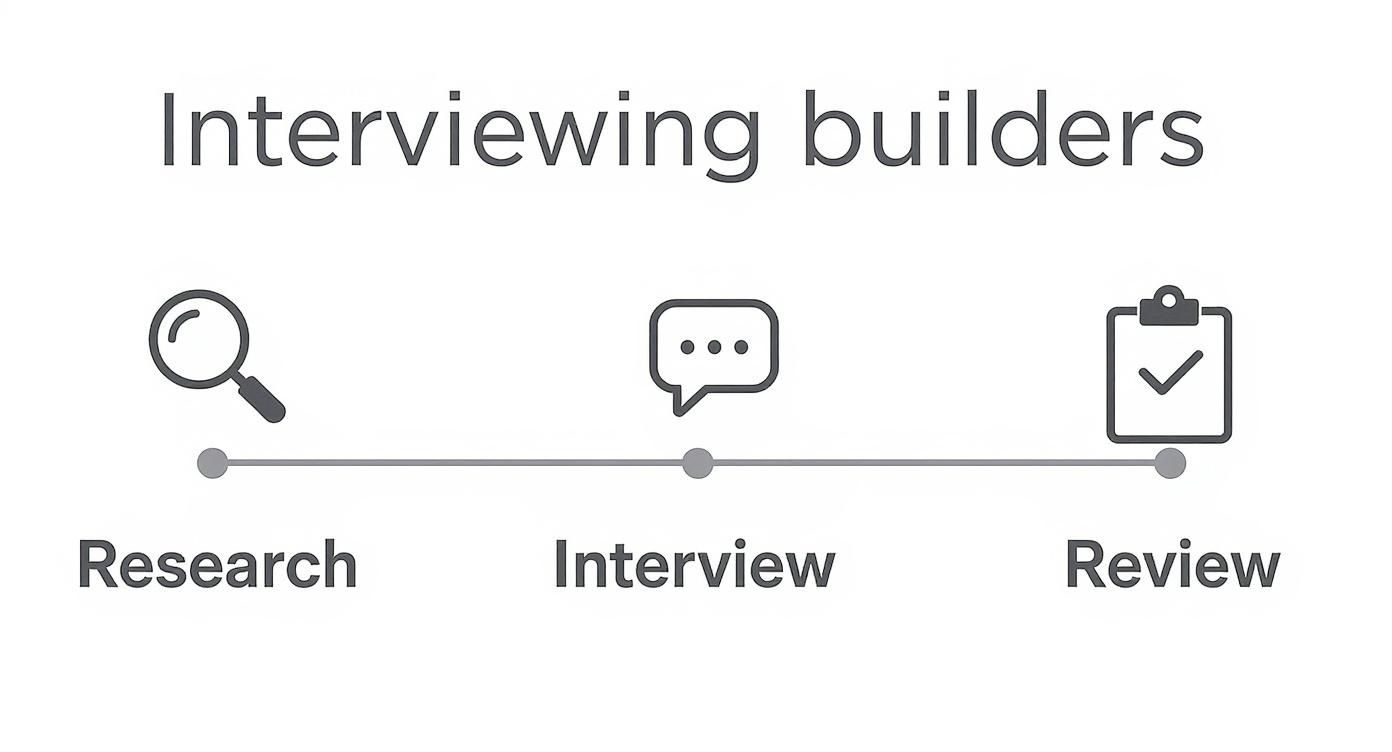 A diagram illustrating the three steps of interviewing builders: Research, Interview, and Review, with icons.
