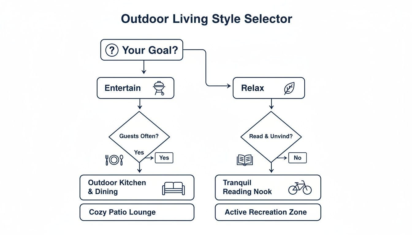 A flowchart for selecting an outdoor living style, offering options based on entertaining or relaxing goals.