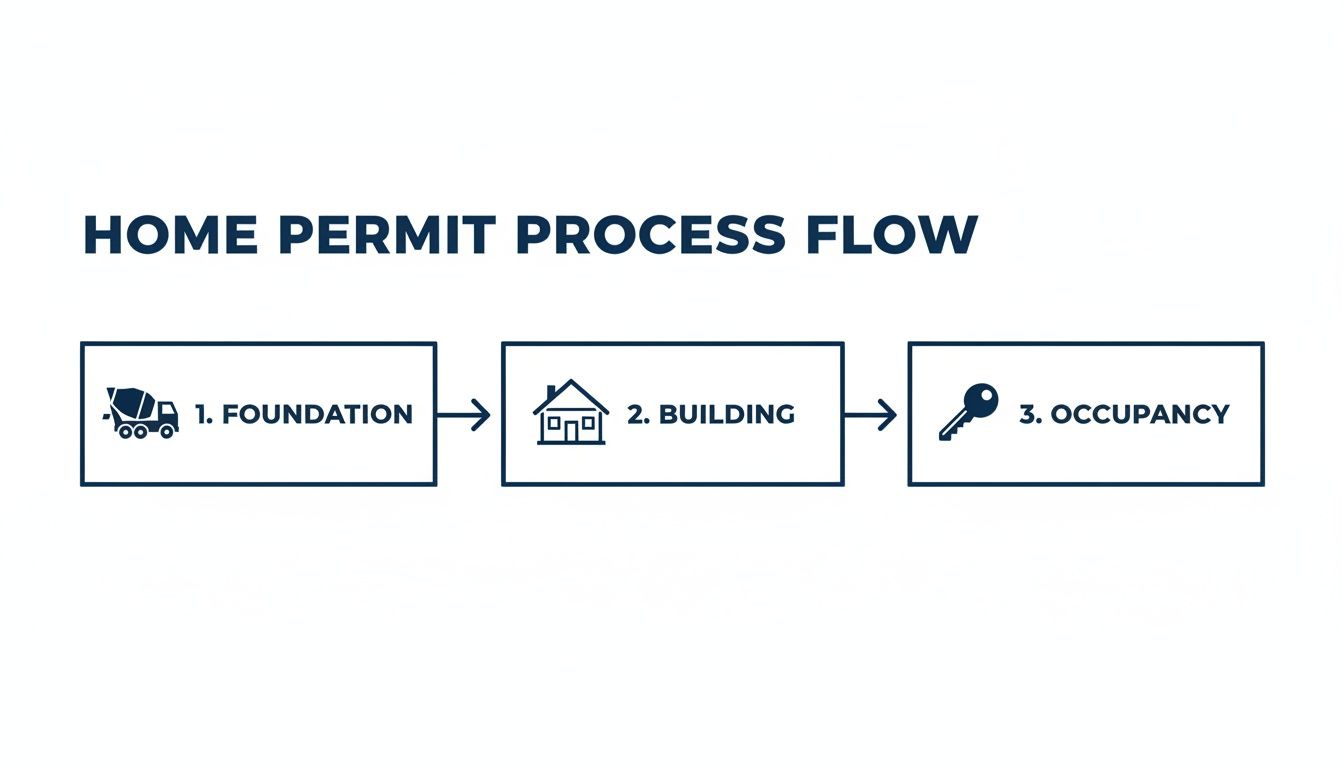 Flowchart showing the home permit process steps: Foundation, Building, and Occupancy with icons.