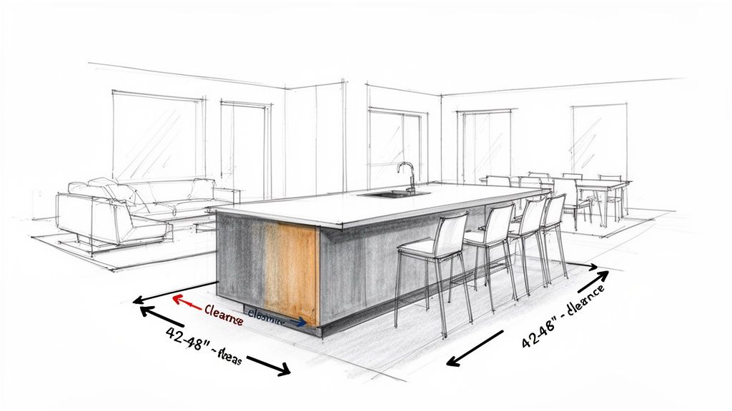 Sketch of an open-plan kitchen and living room with a large island and seating, showing 42-48 inch clearance measurements.