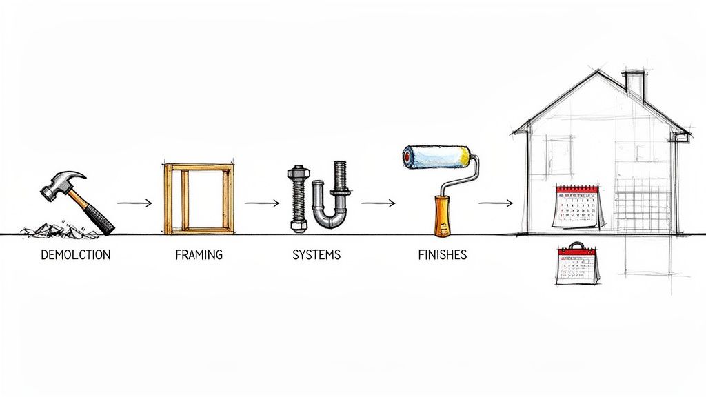 A sequential illustration of home remodeling steps: demolition, framing, systems installation, finishes, and project completion.
