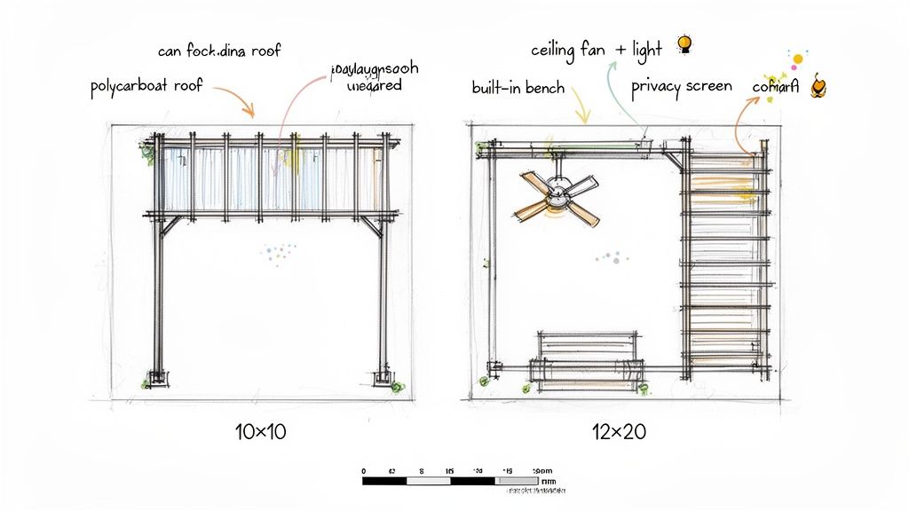 Architectural sketches of two pergola designs (10x10, 12x20) showcasing roof types, ceiling fan, built-in bench, and privacy screen.