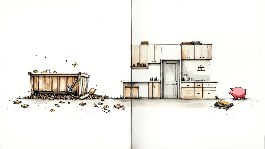 A drawing shows a messy construction dumpster on one side and a clean, organized kitchen space on the other.