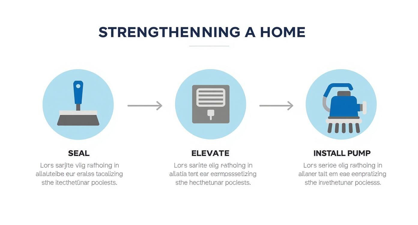 A diagram illustrating three steps: seal, elevate, and install pump, for strengthening a home.