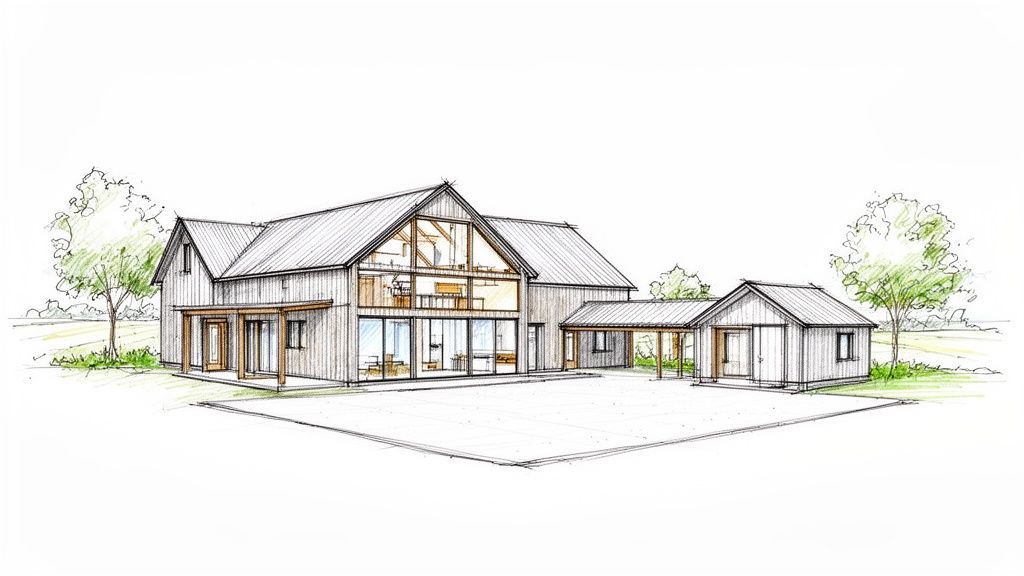 Architectural sketch of a modern ranch-style home with a gabled roof, large windows, and a connected garage.