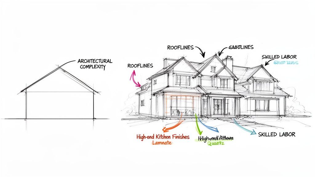 Sketches illustrating architectural complexity in house design, highlighting rooflines, finishes, and labor costs.