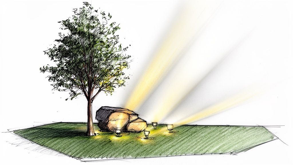 A hand-drawn sketch showing a backyard with landscape lighting illuminating a tree and rocks.