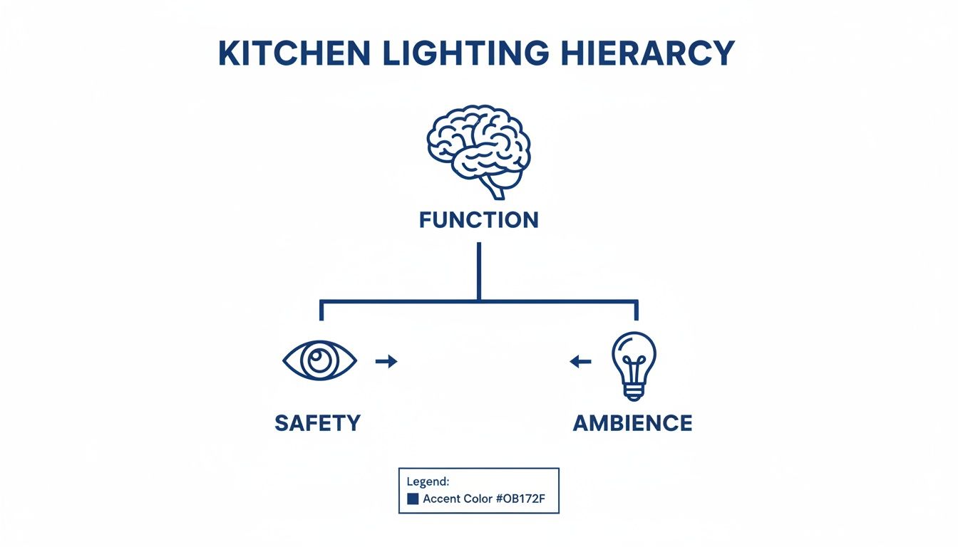 A diagram illustrating the kitchen lighting hierarchy, focusing on function, safety, and ambience.