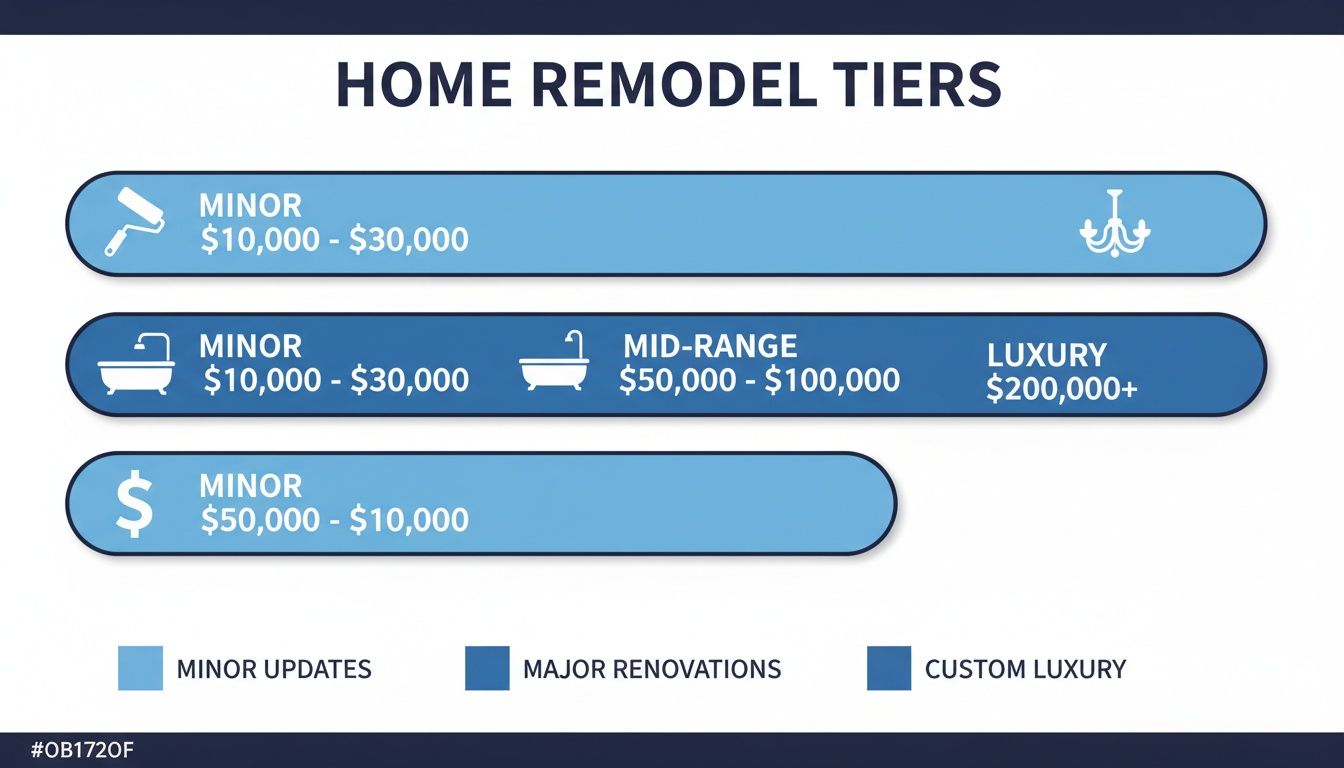 Visual breakdown of home remodel tiers, including minor updates, mid-range renovations, and luxury projects with costs.