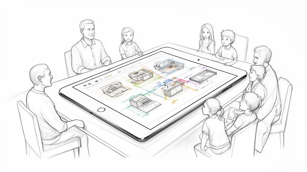 A family and an architect gather around a large tablet displaying interactive digital floor plans, discussing home design.