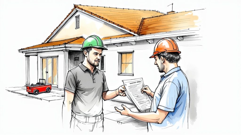 Two construction workers in hard hats reviewing documents, possibly discussing a roof insurance claim, in front of a house.