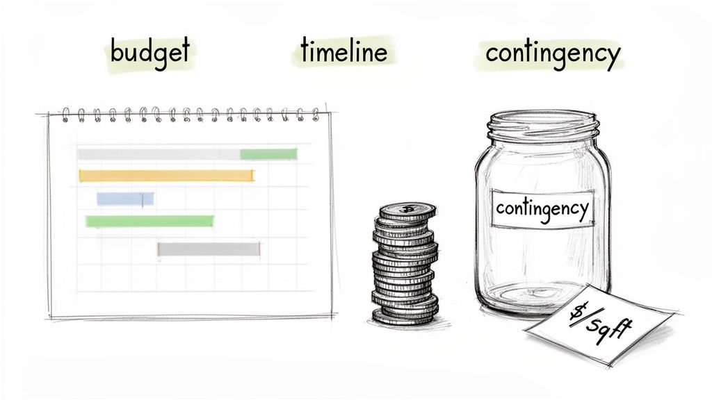 Illustrative sketch of project planning elements: a calendar for timeline, coins for budget, and a contingency jar.