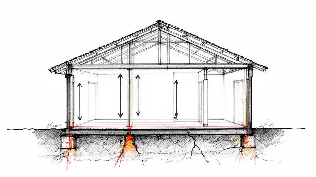 Architectural cross-section drawing of a house showing foundation, structure, roof, and ground interactions.