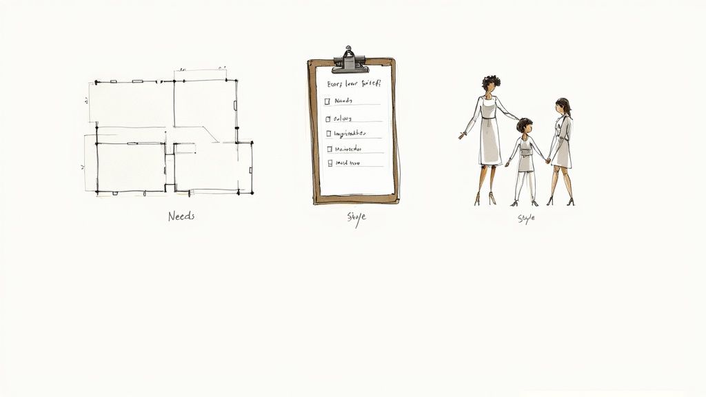 Illustrations of a home floor plan for 'Needs', a project checklist, and people defining 'Style'.