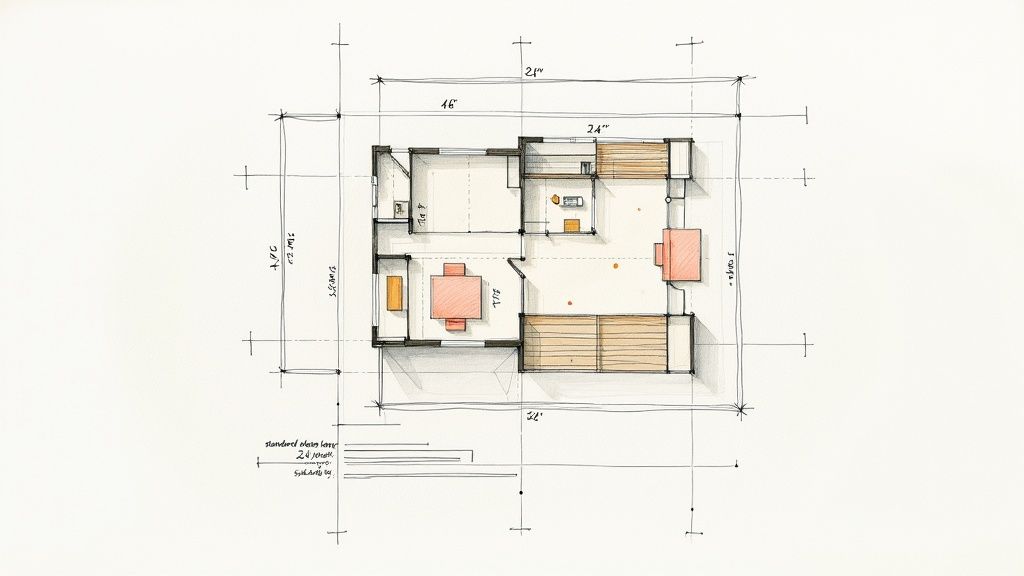 Hand-drawn architectural floor plan sketch with furniture layout, dimensions, and grid lines on white.
