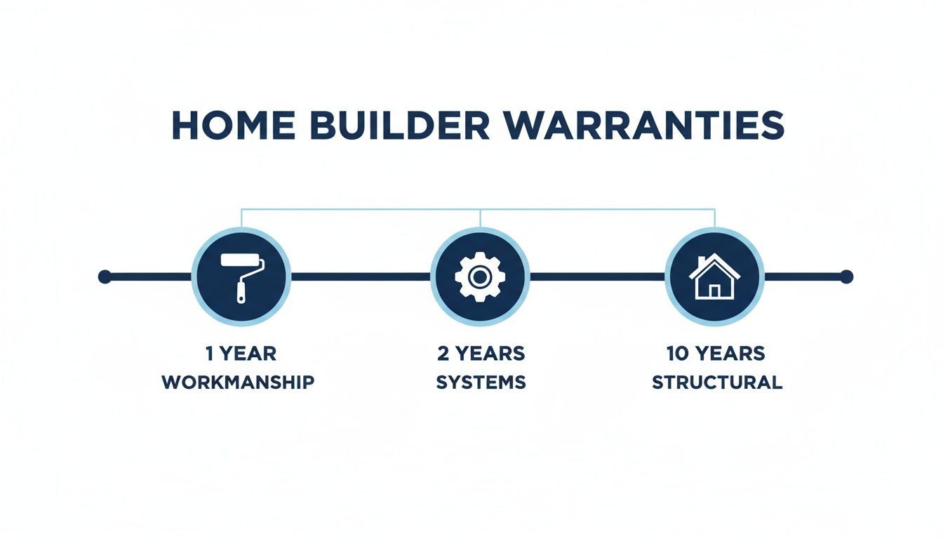 Home builder warranties timeline showing 1 year for workmanship, 2 years for systems, and 10 years structural.