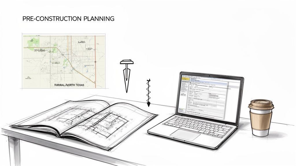 Pre-construction planning process illustrated with maps, architectural plans, laptop, and coffee.