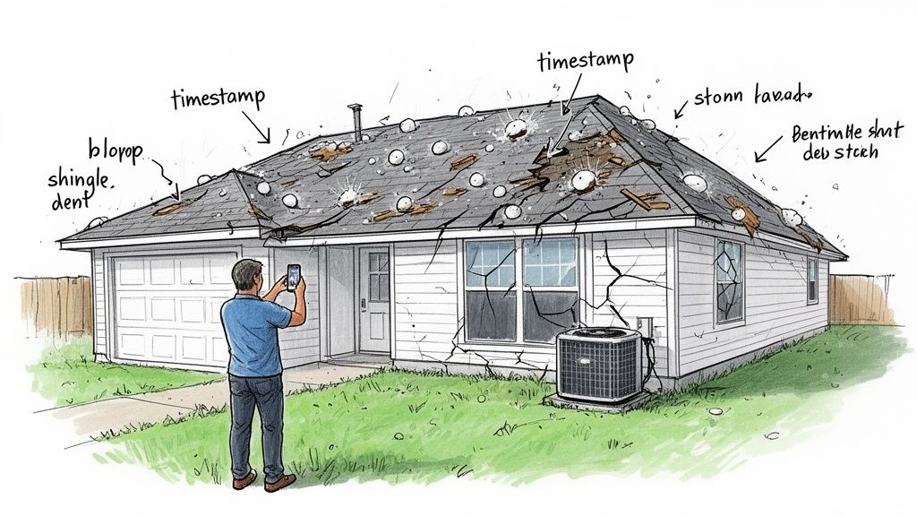 A person photographs a house severely damaged by hail, showing impact on the roof, siding, and windows.