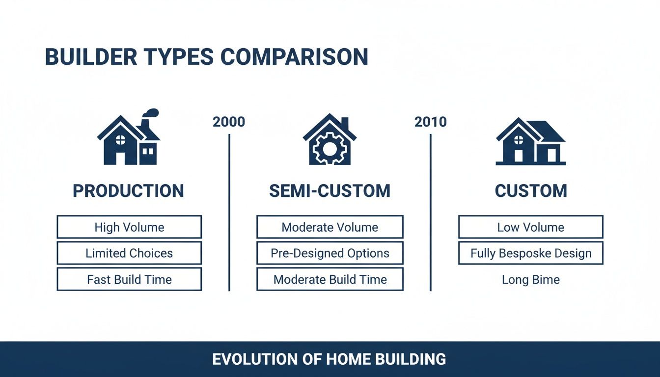 Comparison of home builder types: Production, Semi-Custom, and Custom, detailing their characteristics and evolution.