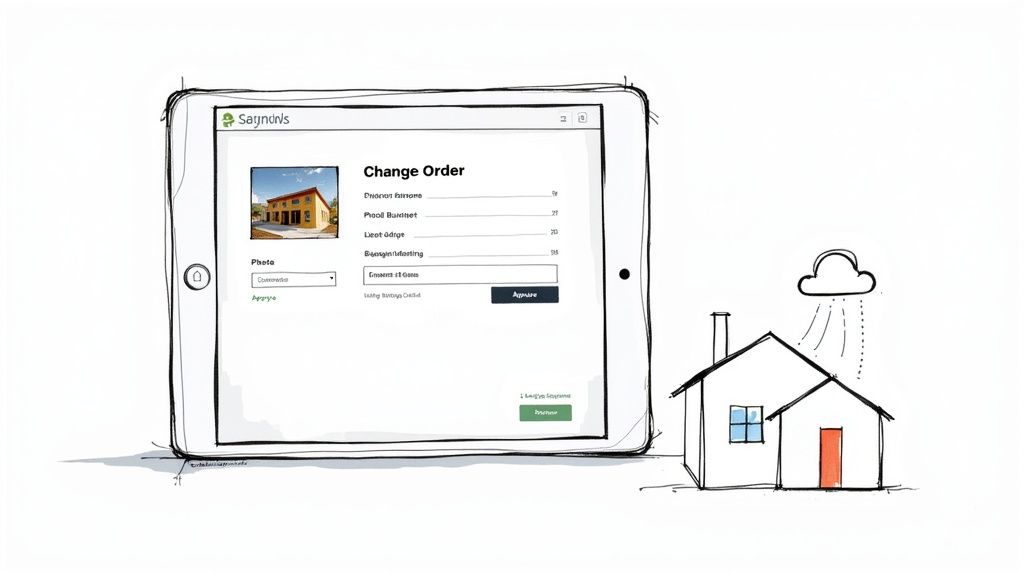 A sketched tablet displays a construction change order form for a house, beside a drawn house.