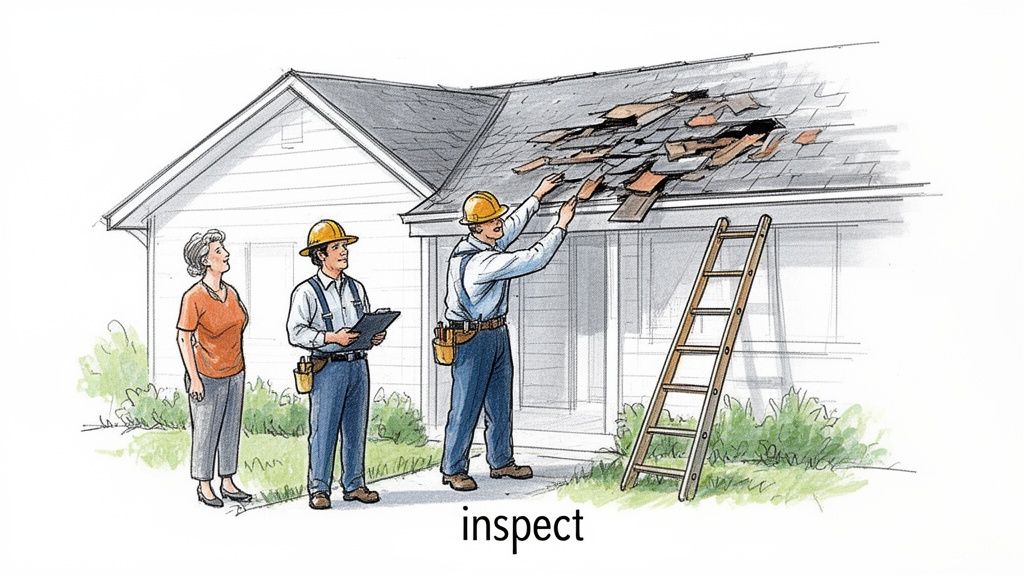 Inspectors examining a damaged roof of a house with a homeowner, ready for insurance claim assessment.
